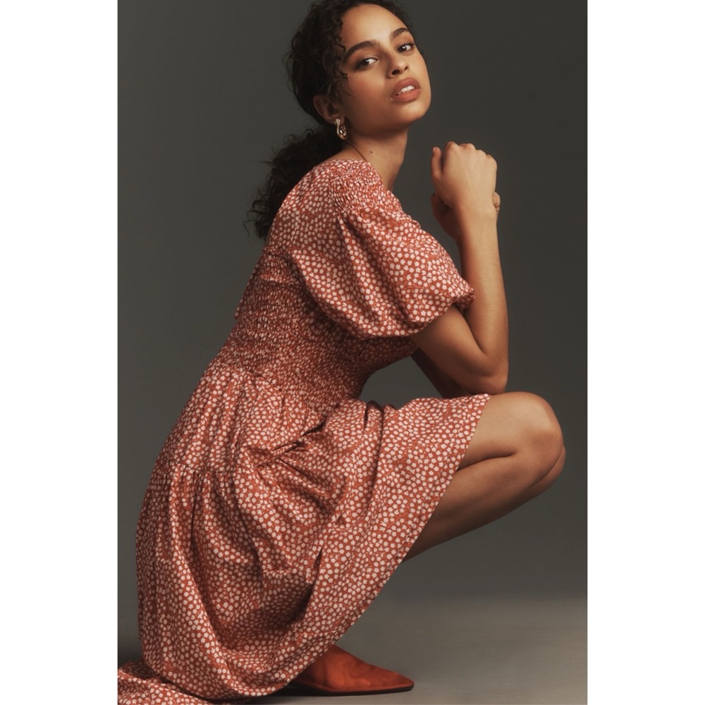 Anthropologie Red Floral Smocked Puff Sleeve Midi Dress Square Neck Large NWT - Picture 3 of 5